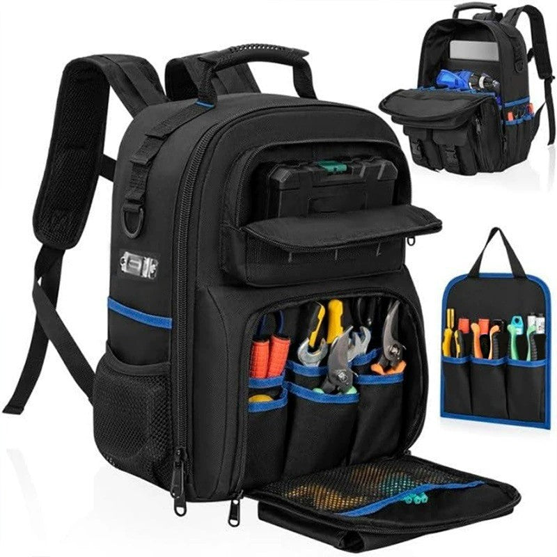 Heavy duty electrician tool backpack with organiser pockets