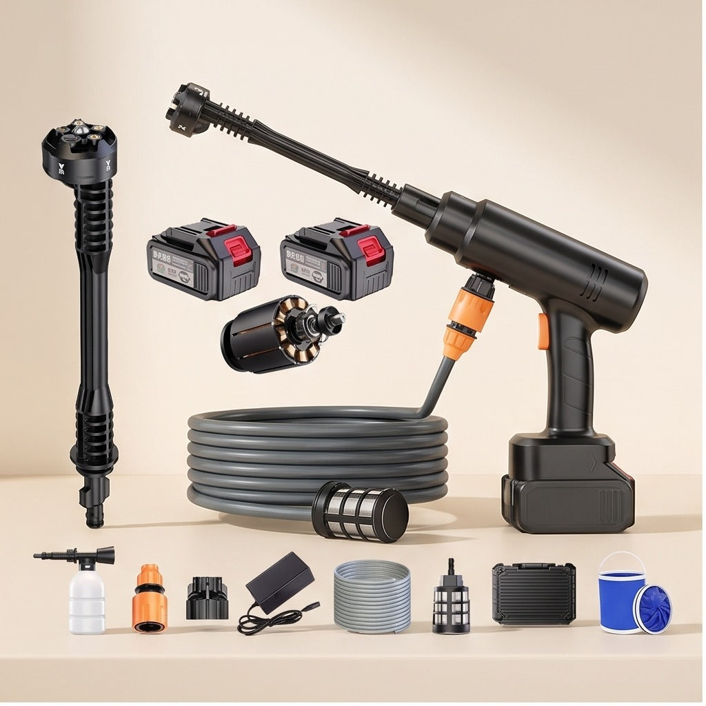 6-in-1 Cordless Car Washer with 2 Batteries & Folding Bucket