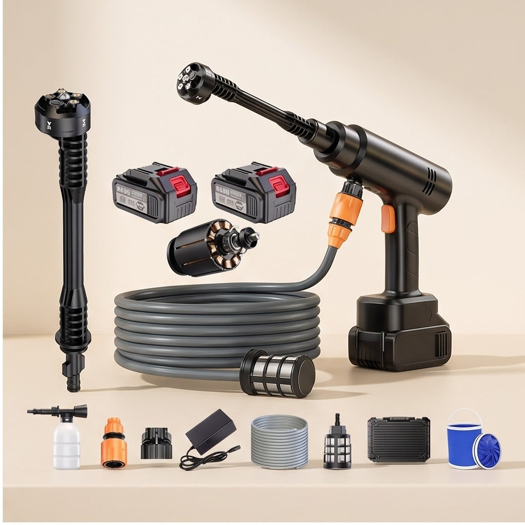 6-in-1 Cordless Car Washer with 2 Batteries & Folding Bucket
