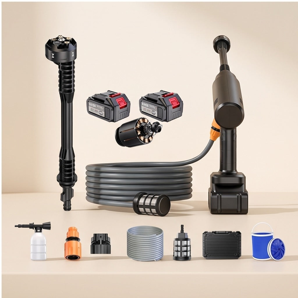 6-in-1 Cordless Car Washer with 2 Batteries & Folding Bucket