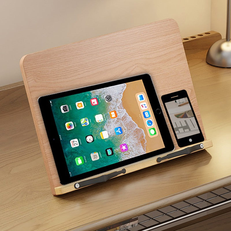 Adjustable wooden book and cookbook stand with page clips
