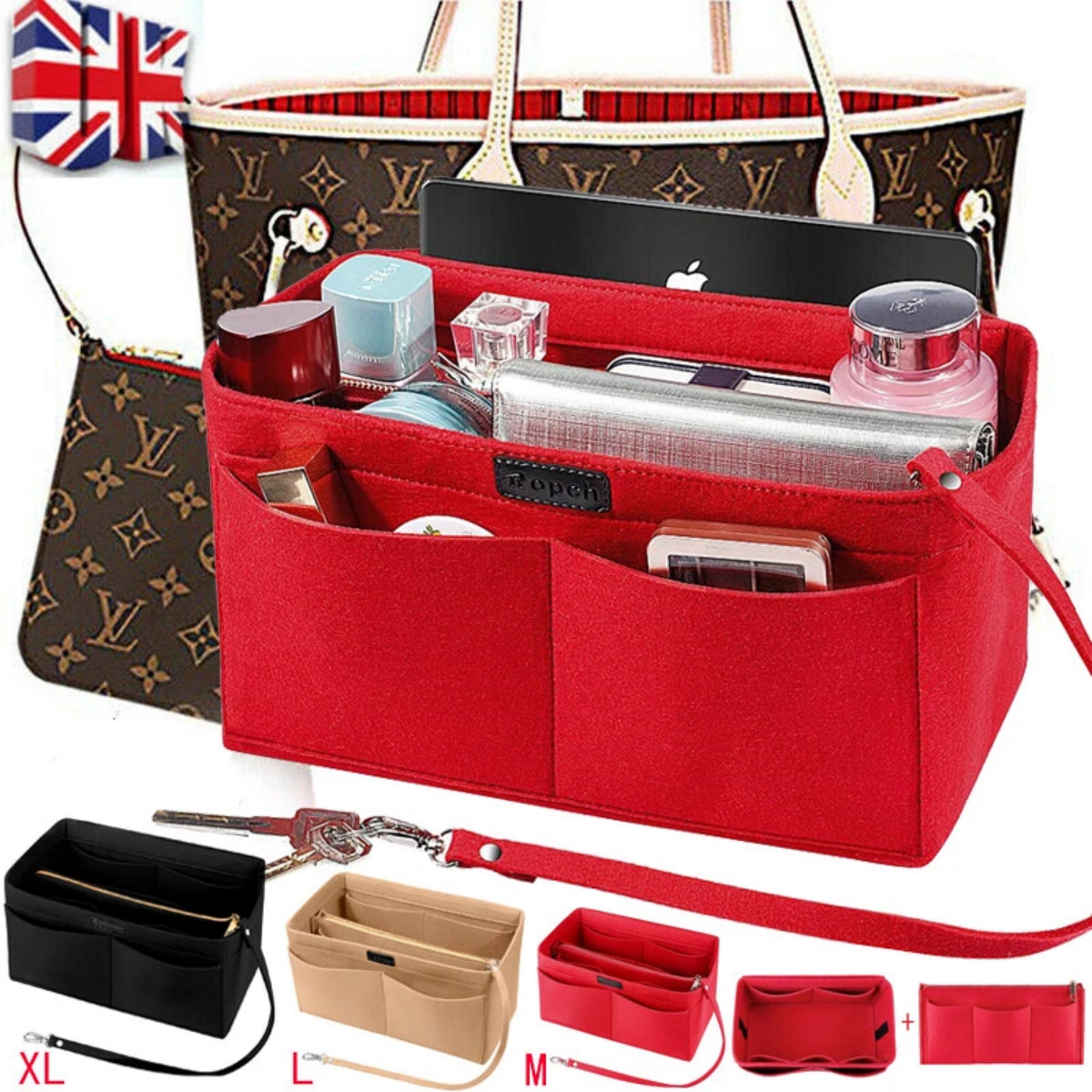 Felt handbag organiser insert in red