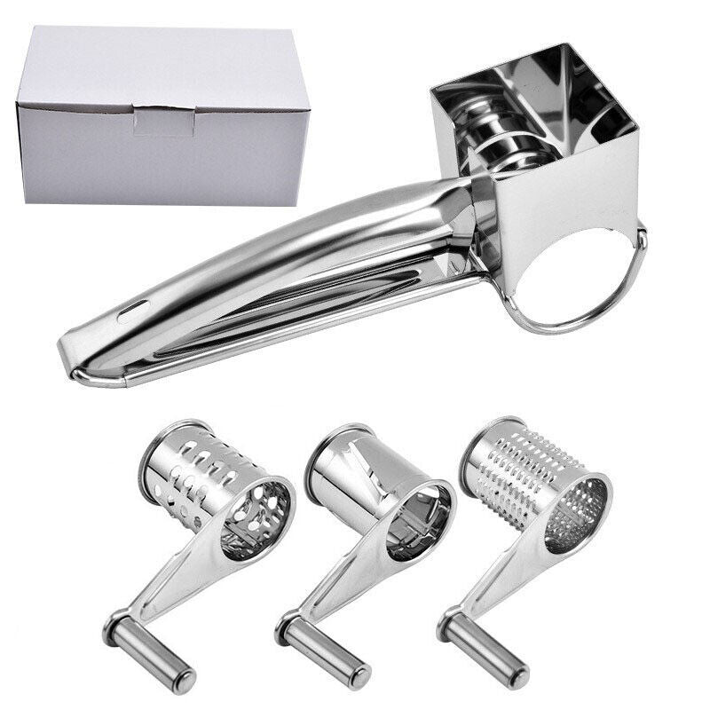 Rotary cheese grater with four stainless steel drums